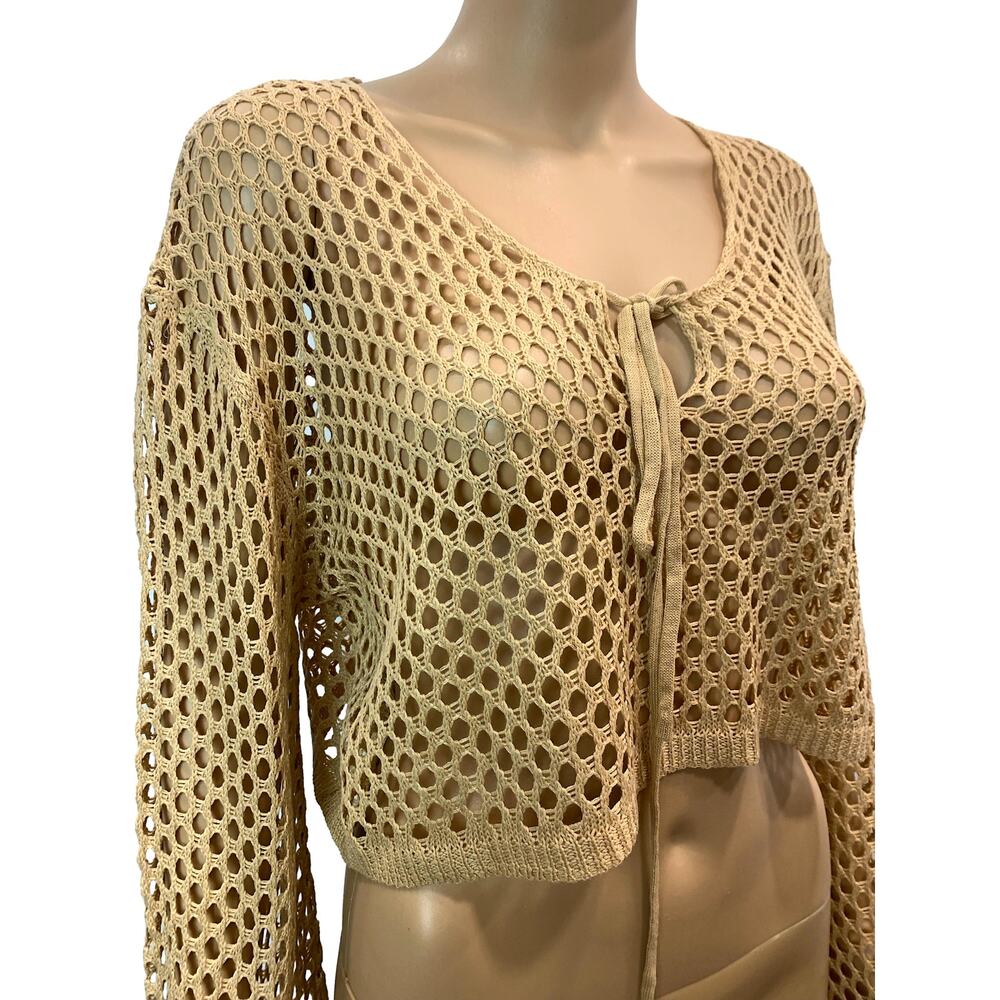 NEW CUPSHE Crop Crochet Open Knit Bell Sleeve Sweater | Khaki / Tan | S